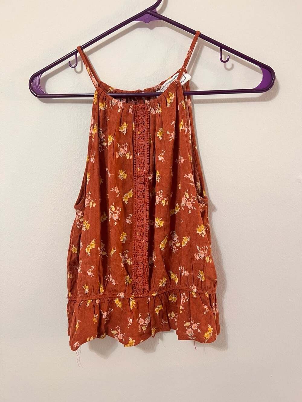 Hippie Rose Orange Floral Halter Neck Sleeveless Tank Top with Crochet Trim Size